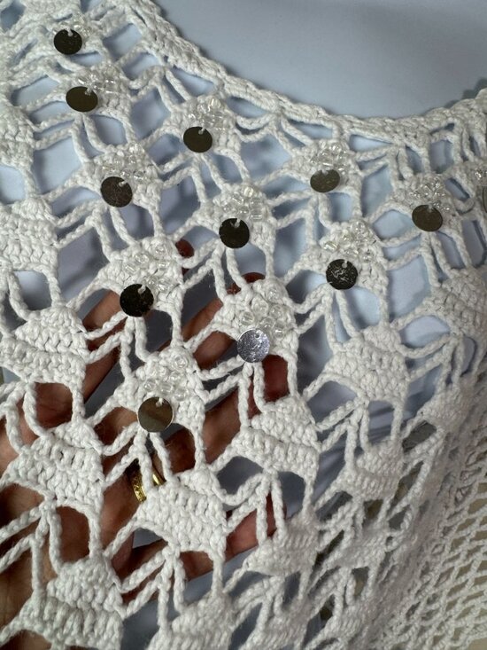 Kamiseta Crochet Open Knit White Top size XXS Short Sleeves Cottage Beachy - Picture 7 of 15